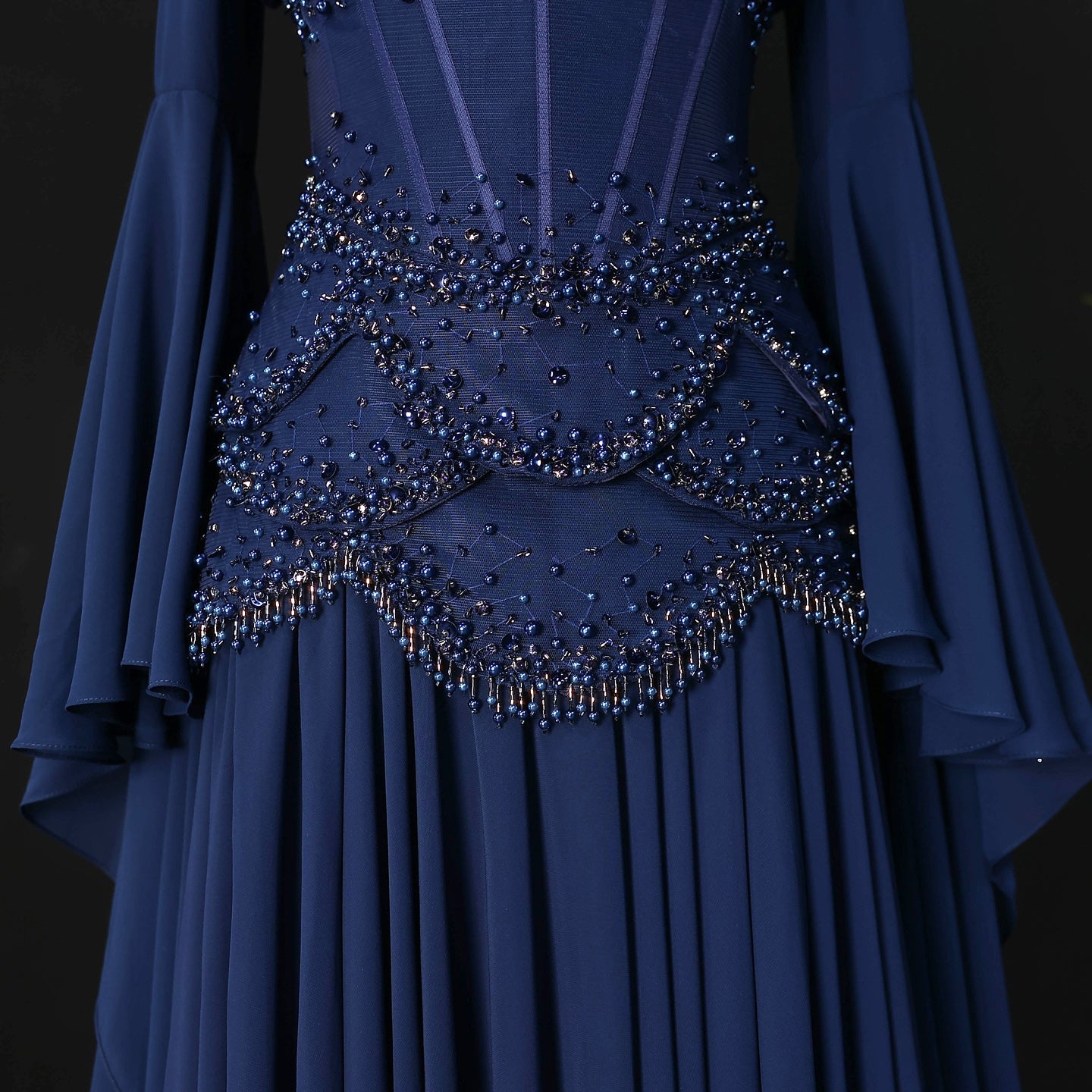 Luxury Pearls Tassel Blue and Yellow Evening Dress with Flowing Sleeves SS286