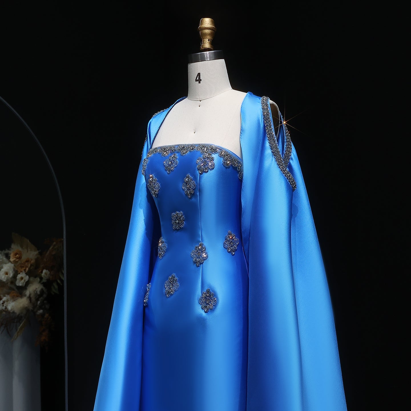 Elegant Blue Beaded Embellished Evening Dress with Cape Sleeve SF250