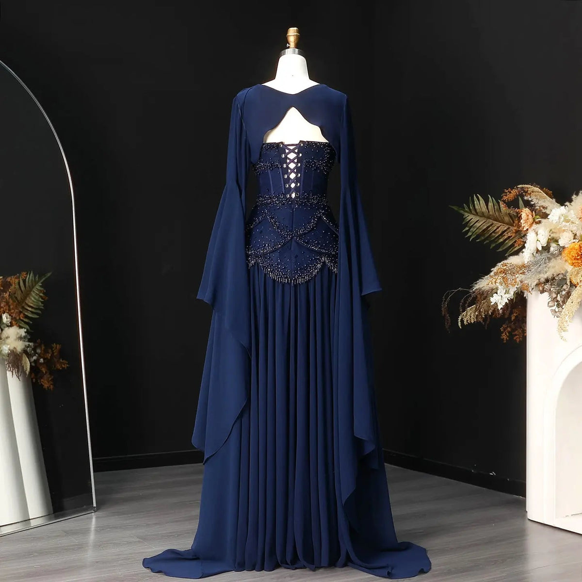 Luxury Pearls Tassel Blue and Yellow Evening Dress with Flowing Sleeves SS286