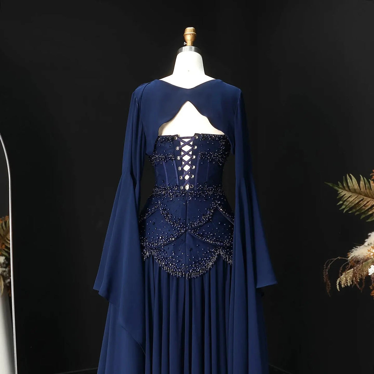 Luxury Pearls Tassel Blue and Yellow Evening Dress with Flowing Sleeves SS286