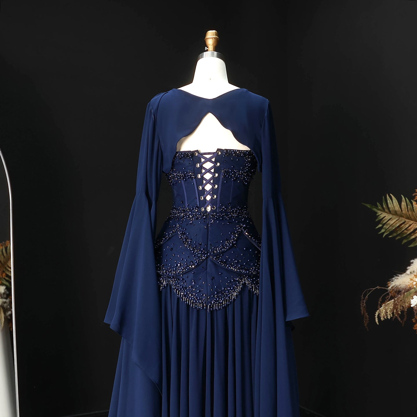 Luxury Pearls Tassel Blue and Yellow Evening Dress with Flowing Sleeves SS286