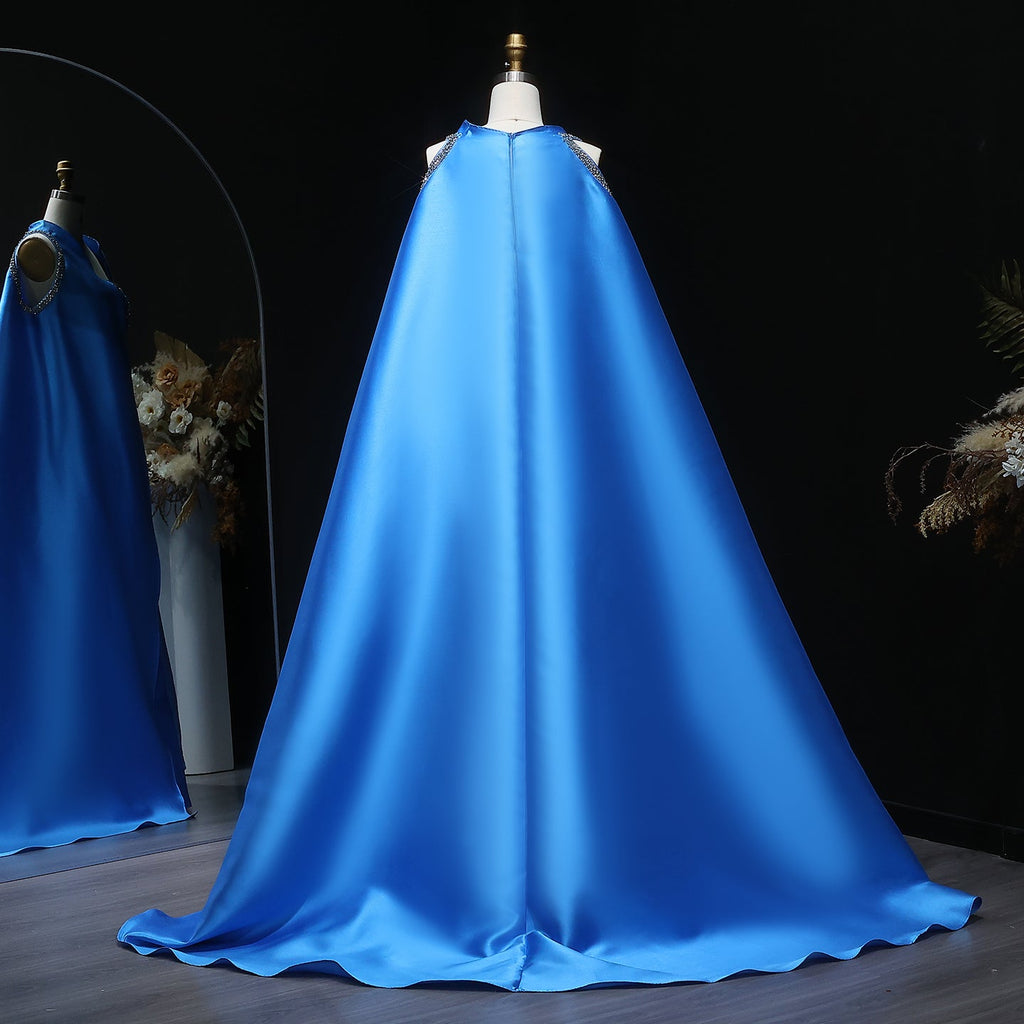 Elegant Blue Beaded Embellished Evening Dress with Cape Sleeve SF250