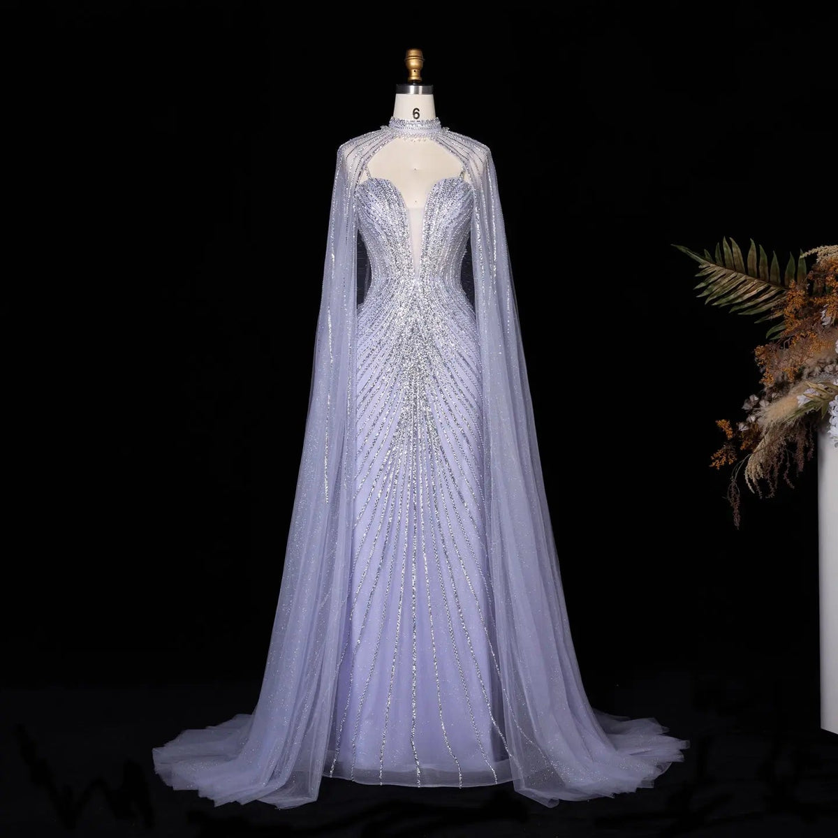 Lilac Sheer Cape Mermaid  Full Hand Beaded Evening Dress  SS114
