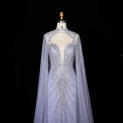 Lilac Sheer Cape Mermaid  Full Hand Beaded Evening Dress  SS114