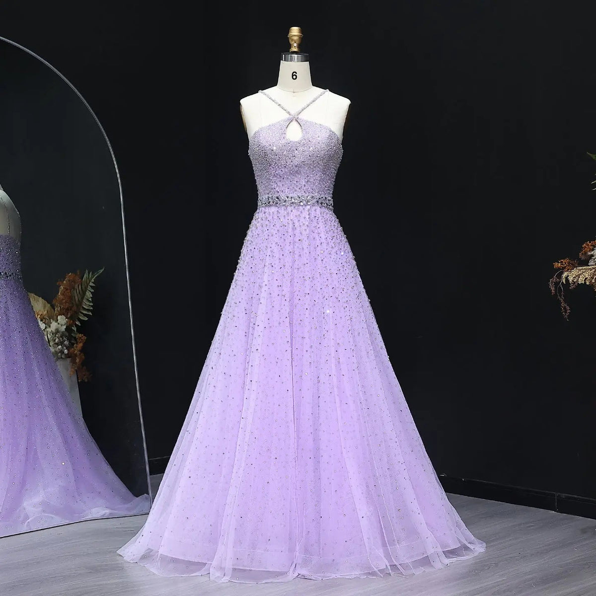 Luxury Dusty Pink Beaded Halter Neck A-Line Evening Dress SS580