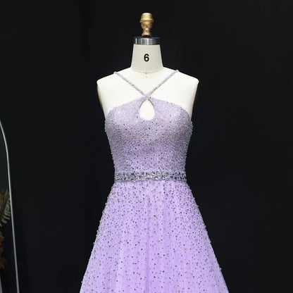 Luxury Dusty Pink Beaded Halter Neck A-Line Evening Dress SS580