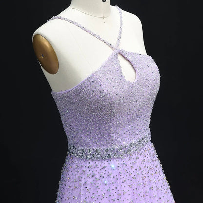 Luxury Dusty Pink Beaded Halter Neck A-Line Evening Dress SS580