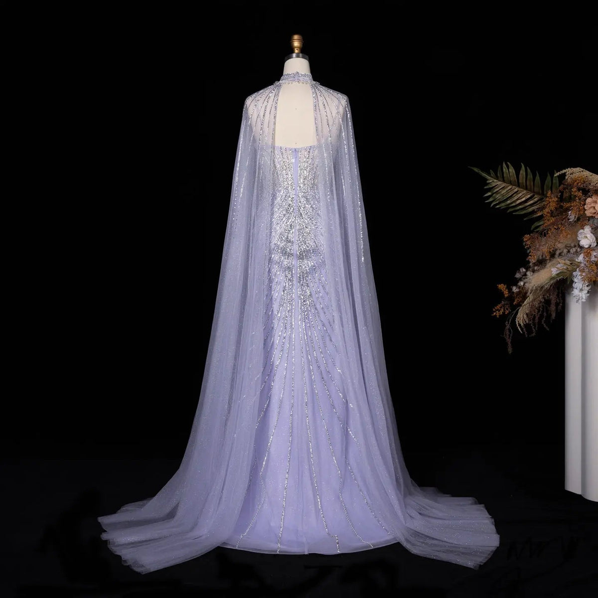 Lilac Sheer Cape Mermaid  Full Hand Beaded Evening Dress  SS114