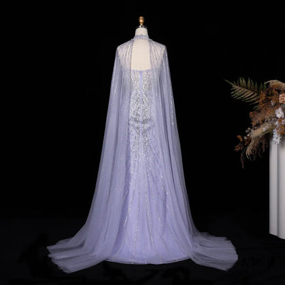 Lilac Sheer Cape Mermaid  Full Hand Beaded Evening Dress  SS114