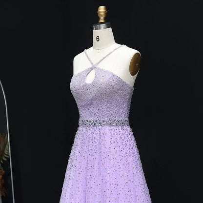 Luxury Dusty Pink Beaded Halter Neck A-Line Evening Dress SS580
