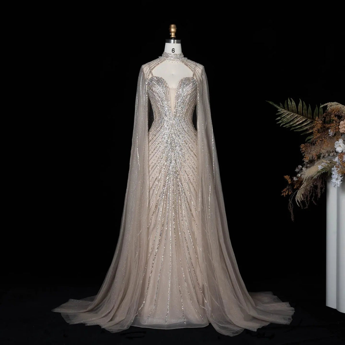 Lilac Sheer Cape Mermaid  Full Hand Beaded Evening Dress  SS114