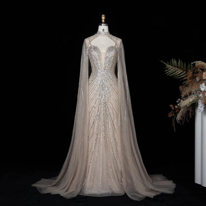 Lilac Sheer Cape Mermaid  Full Hand Beaded Evening Dress  SS114
