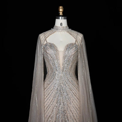 Lilac Sheer Cape Mermaid  Full Hand Beaded Evening Dress  SS114