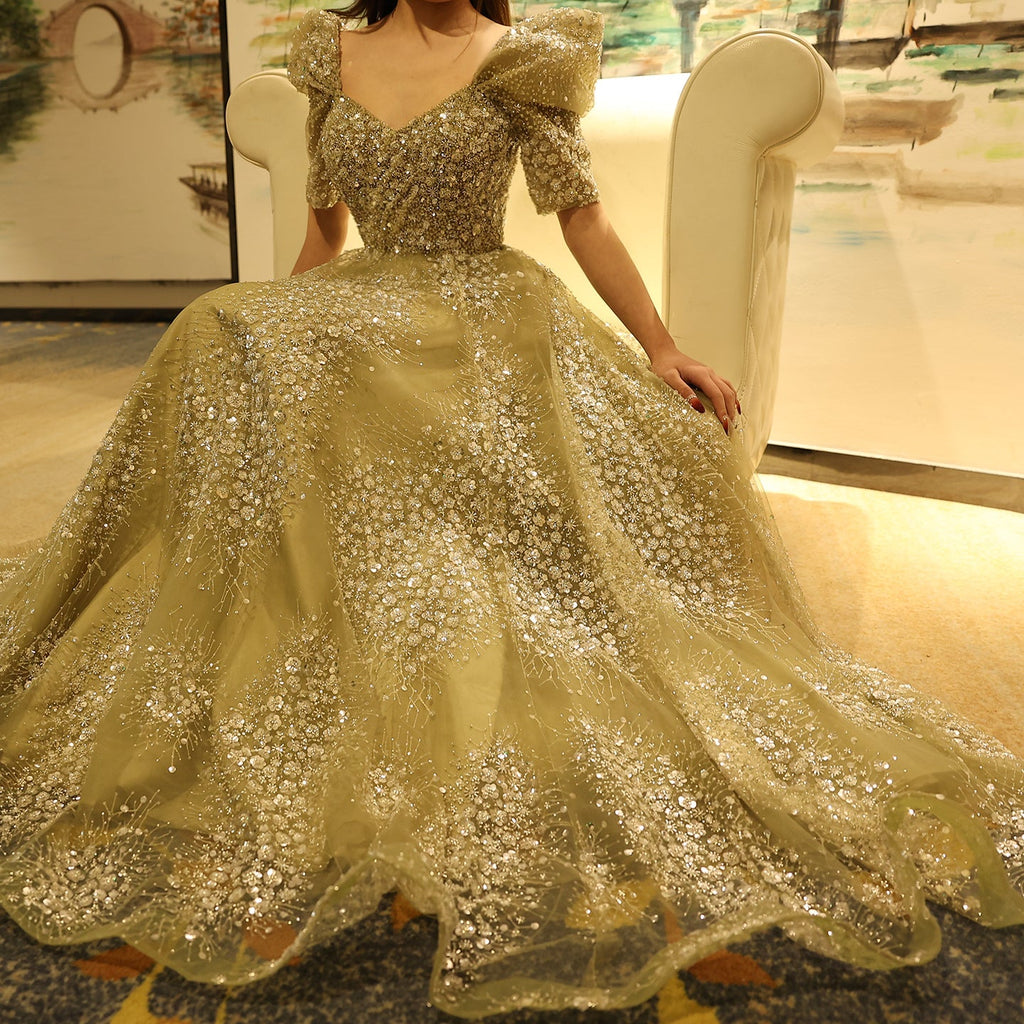Glitter Lime Green Puff Sleeve Evening Dress SS155