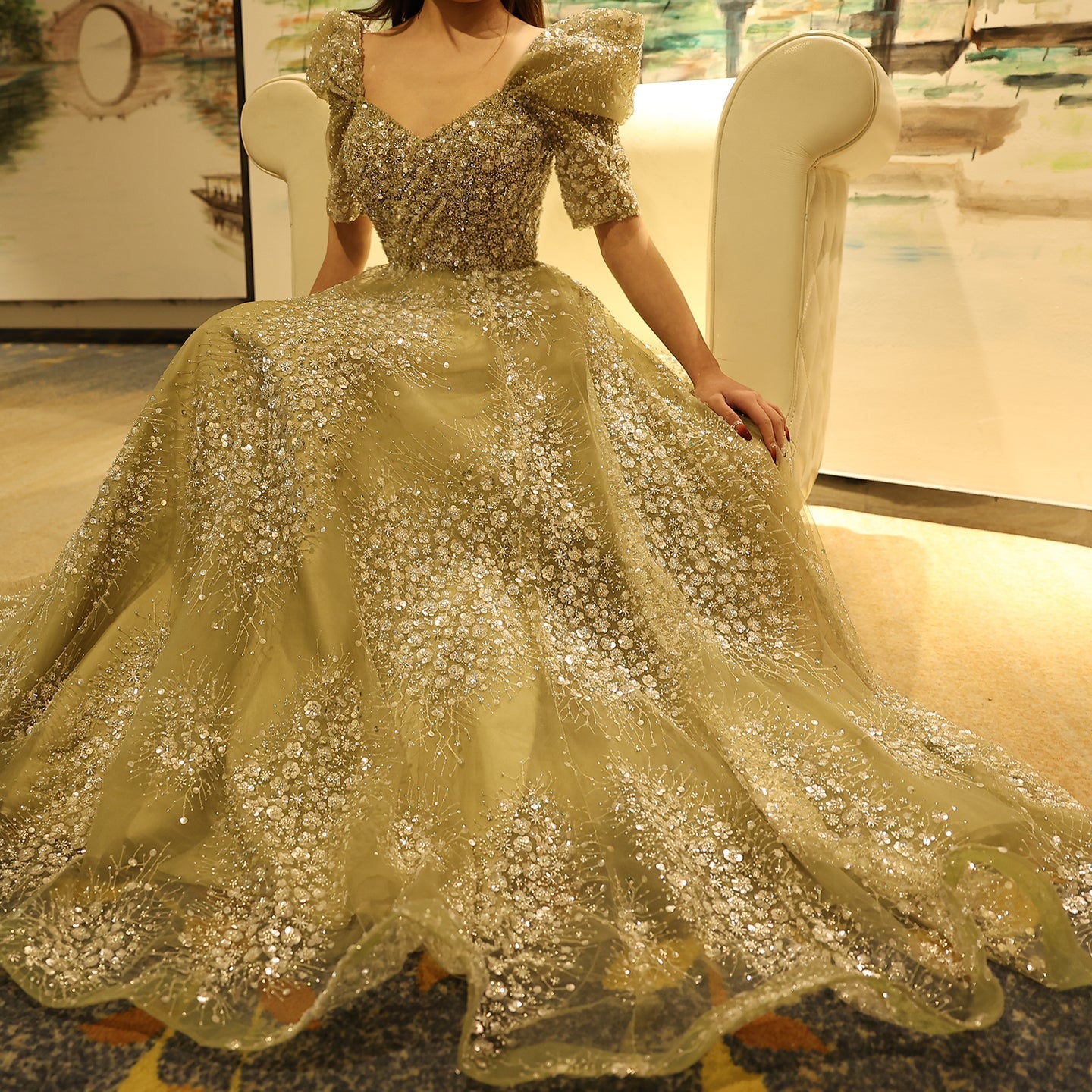 Glitter Lime Green Puff Sleeve Evening Dress SS155