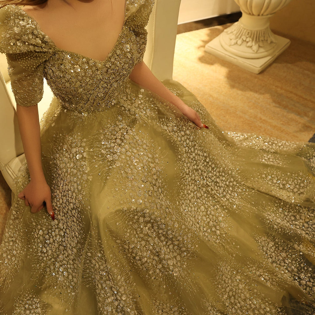Glitter Lime Green Puff Sleeve Evening Dress SS155