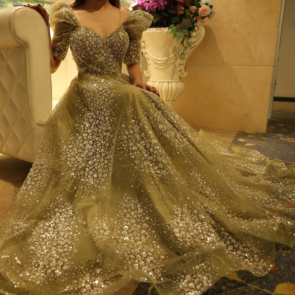 Glitter Lime Green Puff Sleeve Evening Dress SS155
