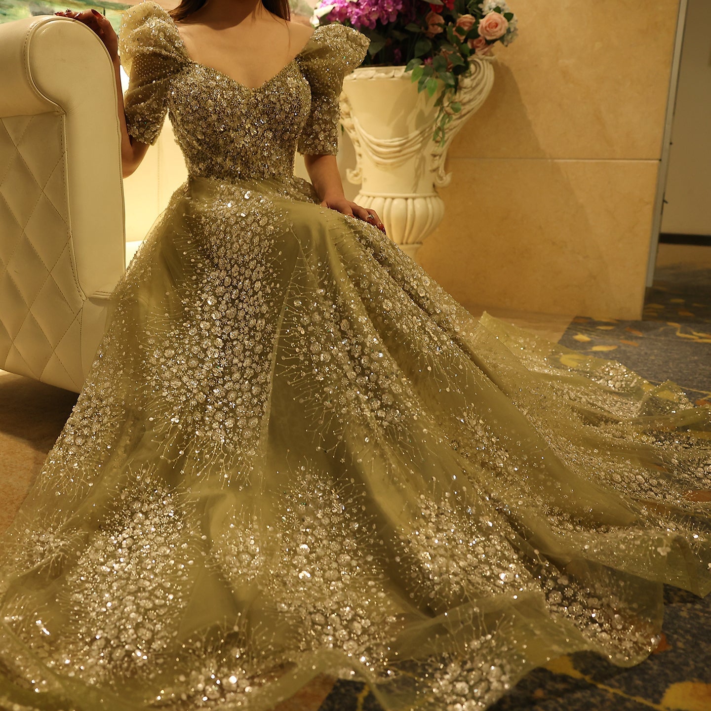 Glitter Lime Green Puff Sleeve Evening Dress SS155
