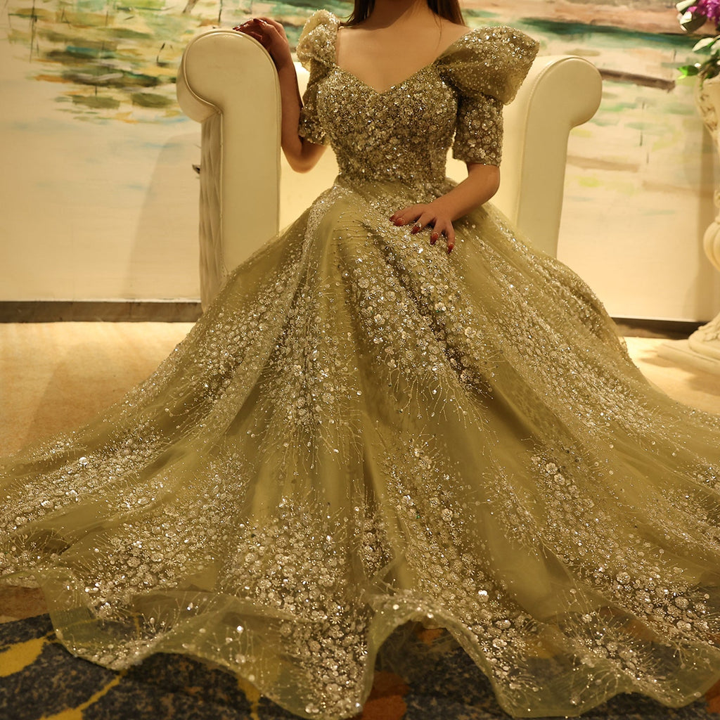 Glitter Lime Green Puff Sleeve Evening Dress SS155