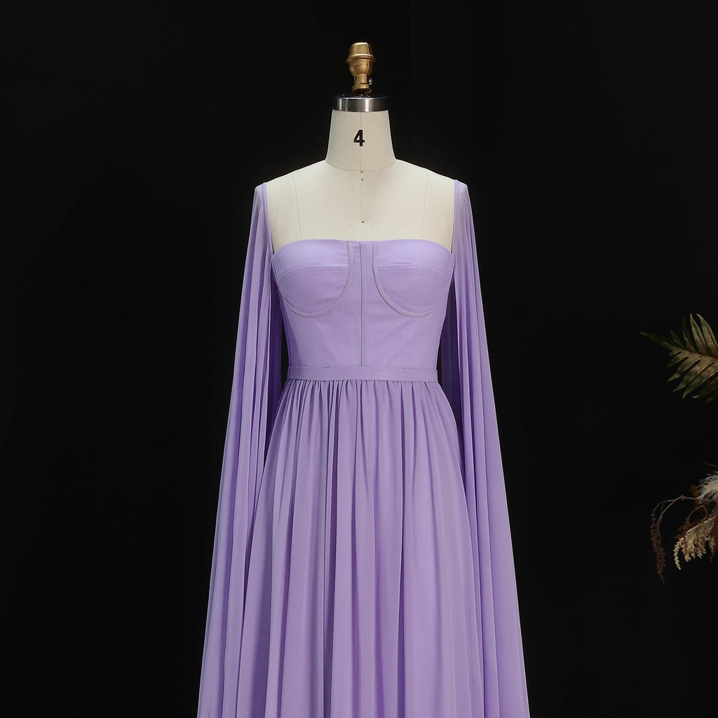 Luxury A-Line Chiffon Evening Dress with Cape Sleeves SF076
