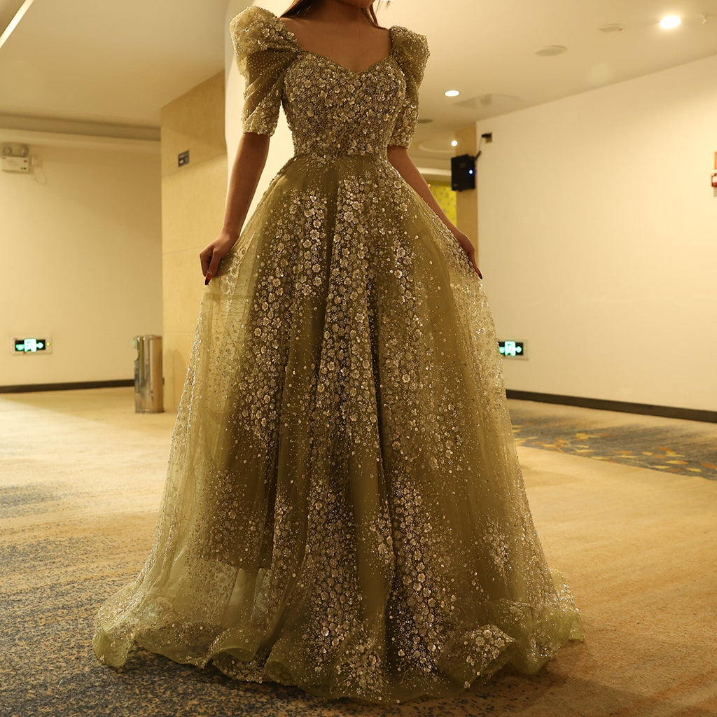 Glitter Lime Green Puff Sleeve Evening Dress SS155