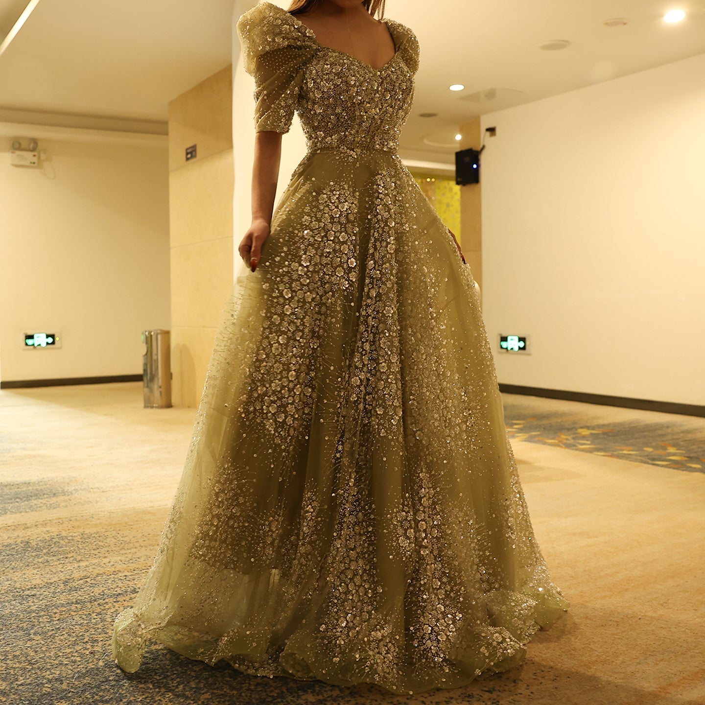 Glitter Lime Green Puff Sleeve Evening Dress SS155