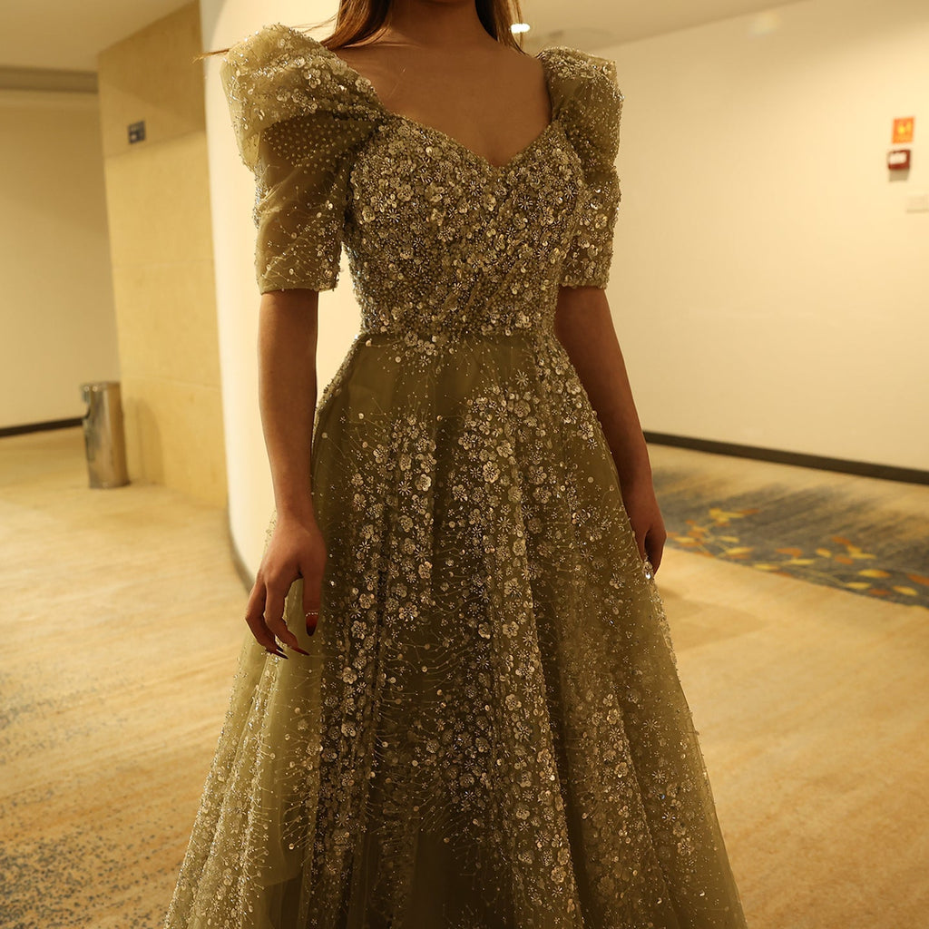Glitter Lime Green Puff Sleeve Evening Dress SS155