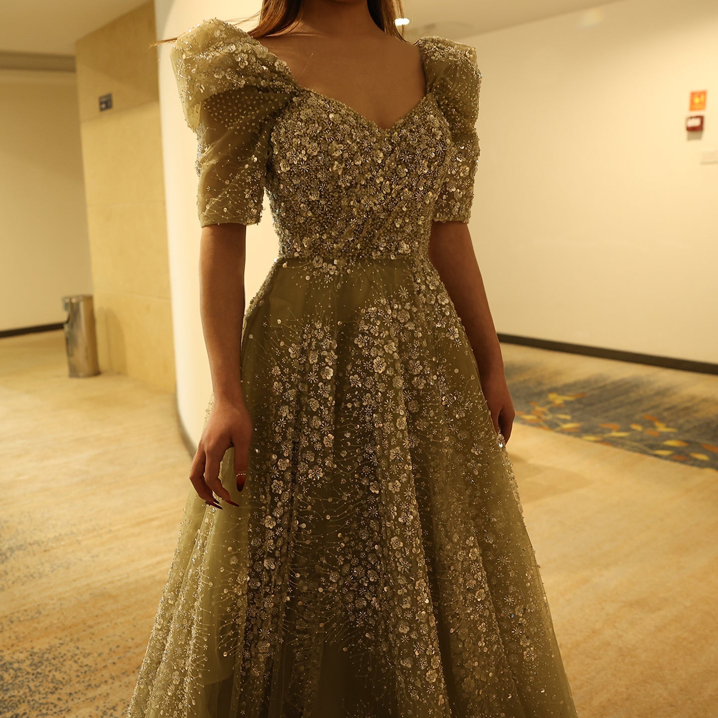 Glitter Lime Green Puff Sleeve Evening Dress SS155