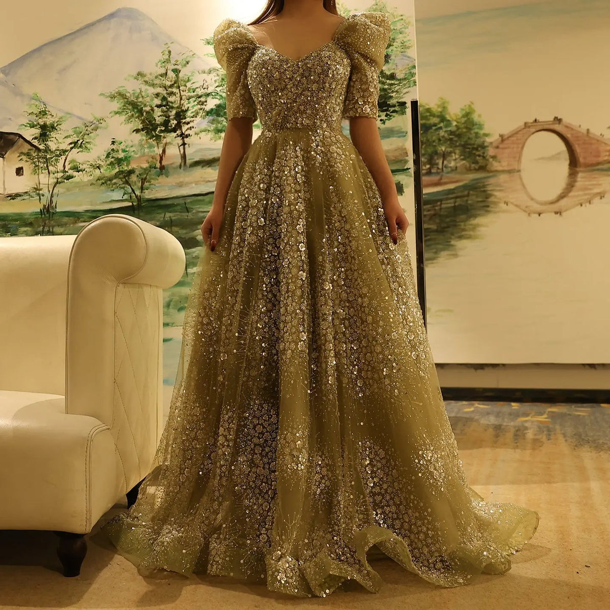 Glitter Lime Green Puffle Sleeve Evening Dress SS155