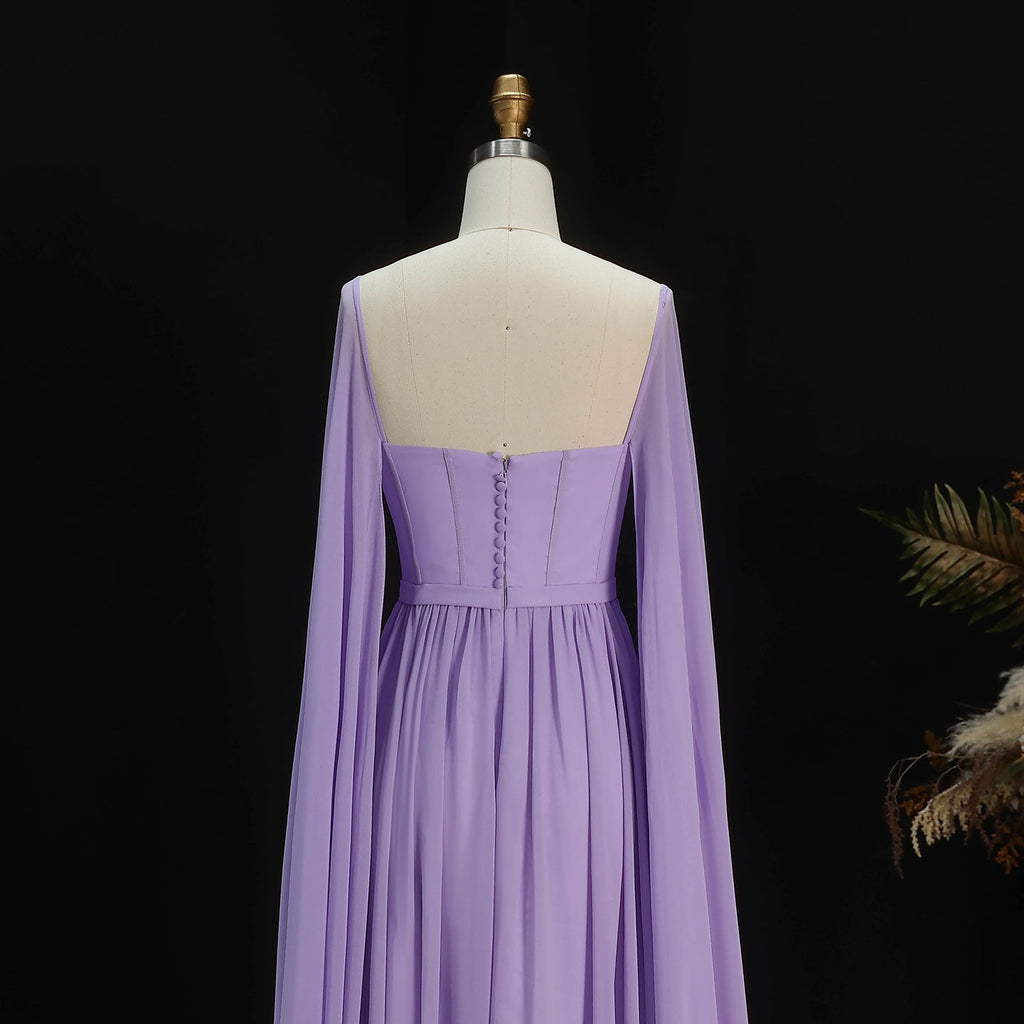 Luxury A-Line Chiffon Evening Dress with Cape Sleeves SF076