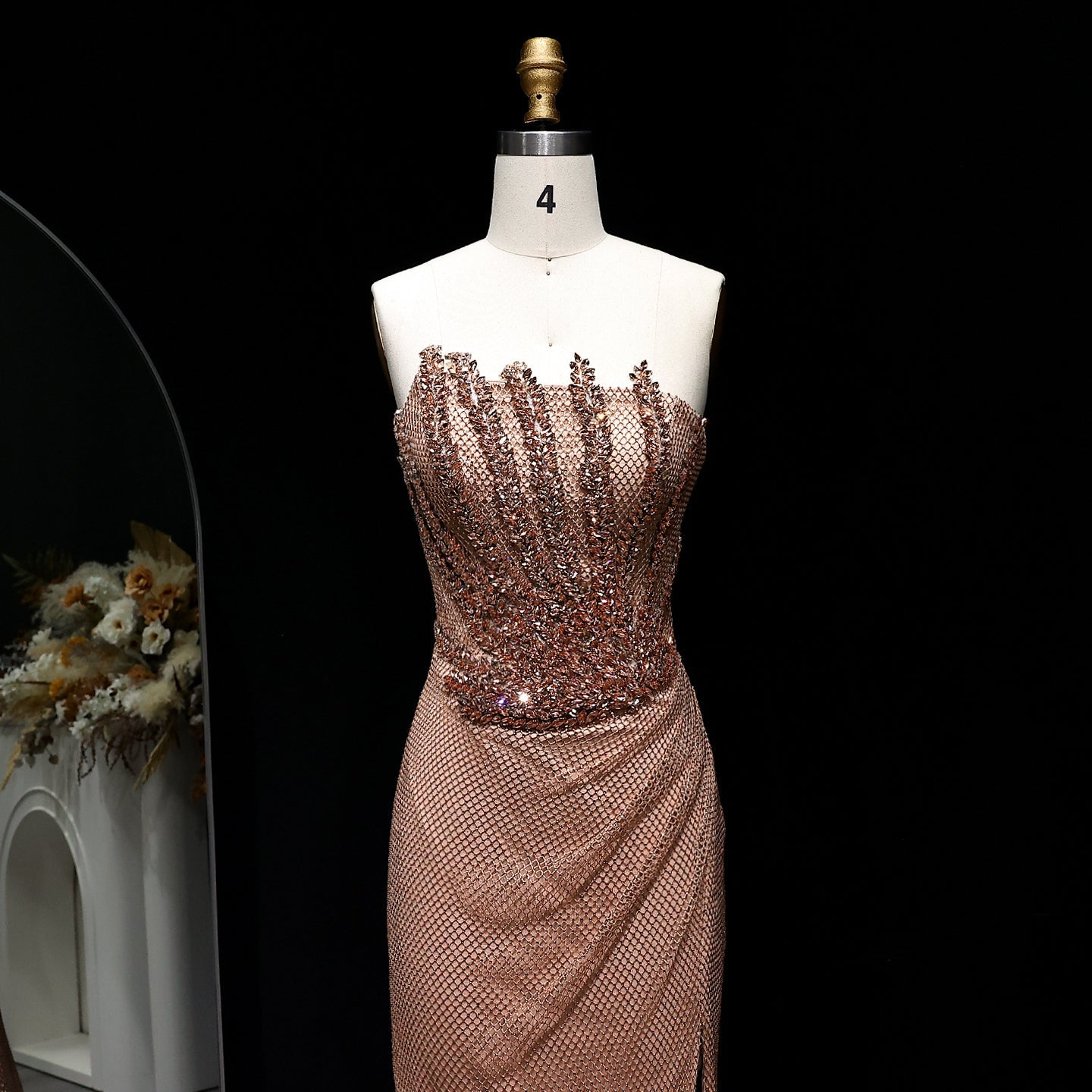 Luxury Crystal Champagne Mermaid Evening Dress with Slit SS528