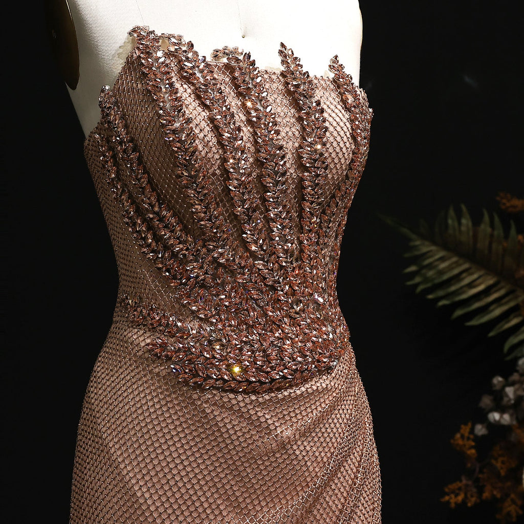 Luxury Crystal Champagne Mermaid Evening Dress with Slit SS528