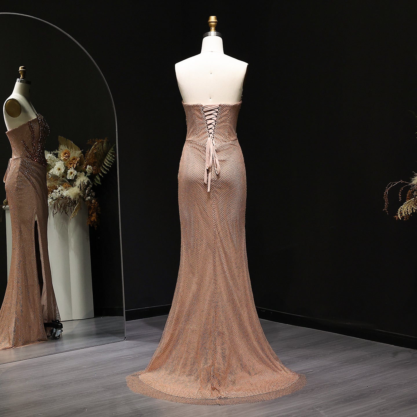 Luxury Crystal Champagne Mermaid Evening Dress with Slit SS528