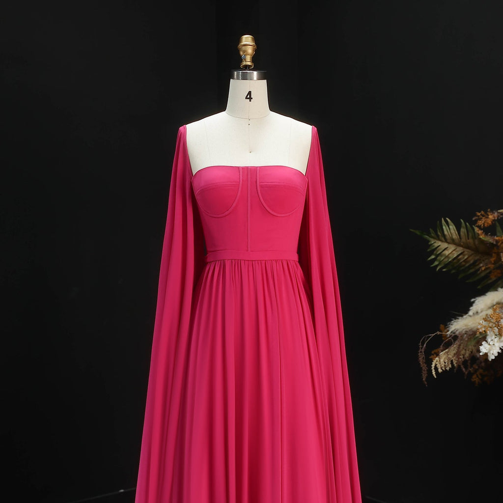 Luxury A-Line Chiffon Evening Dress with Cape Sleeves SF076