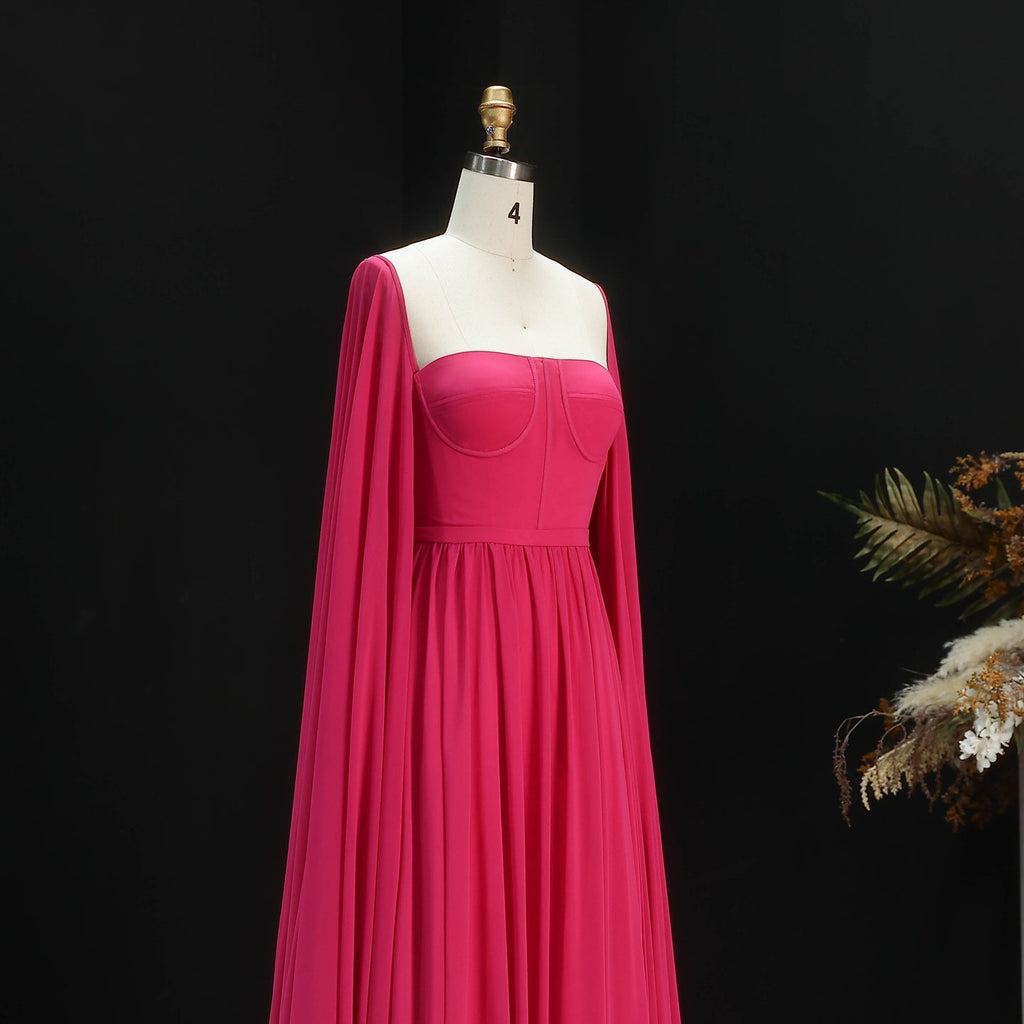 Luxury A-Line Chiffon Evening Dress with Cape Sleeves SF076