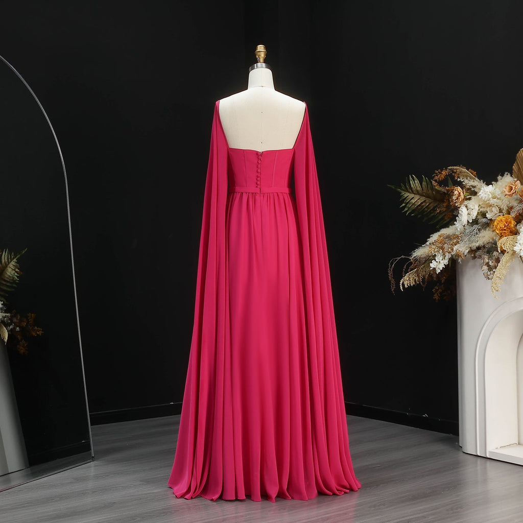 Luxury A-Line Chiffon Evening Dress with Cape Sleeves SF076