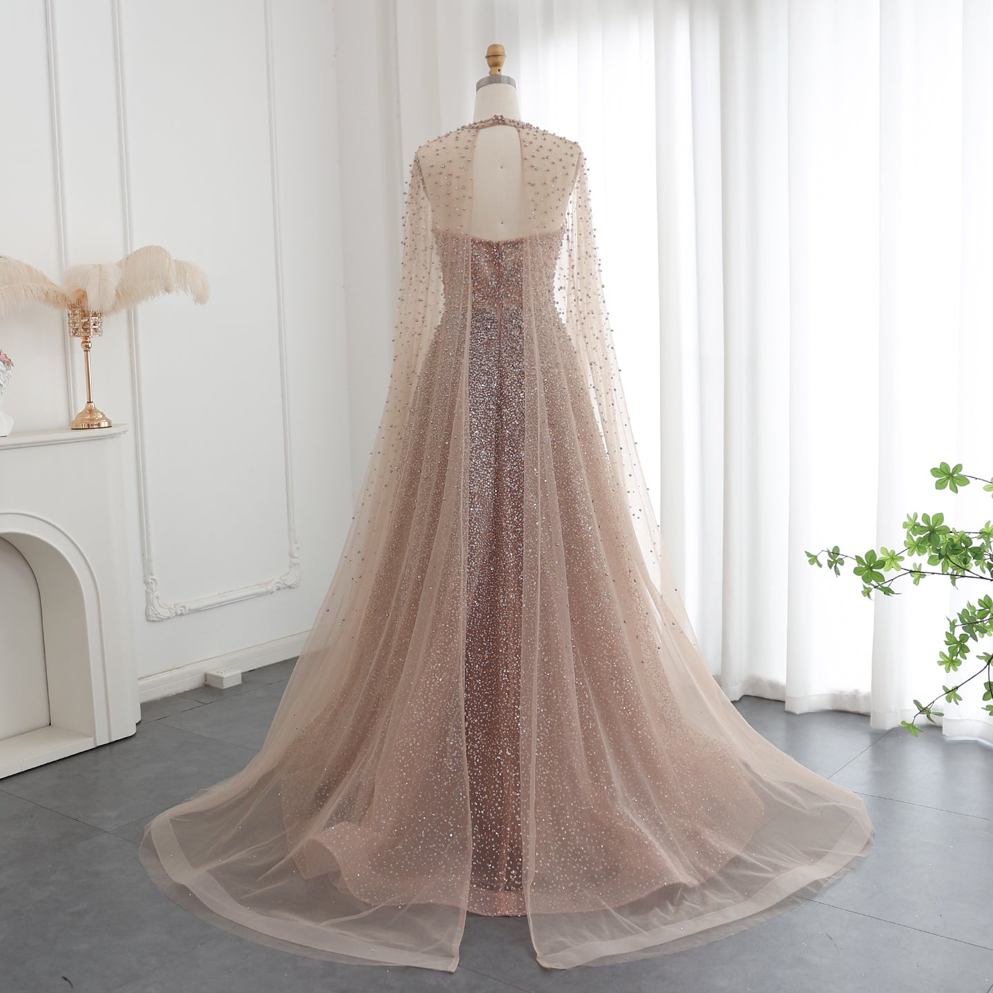 Sparkly Crystal Turquoise Evening Dress with Cape SS651