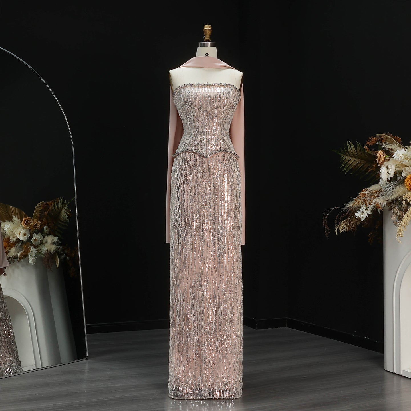 Luxury 2 Pieces Beaded Sequins Evening Dress with Scarf SS661