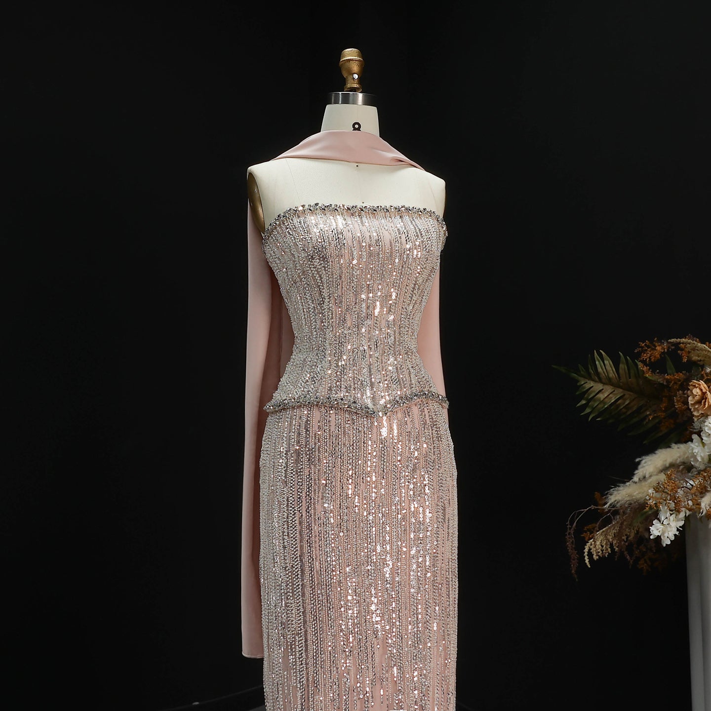 Luxury 2 Pieces Beaded Sequins Evening Dress with Scarf SS661