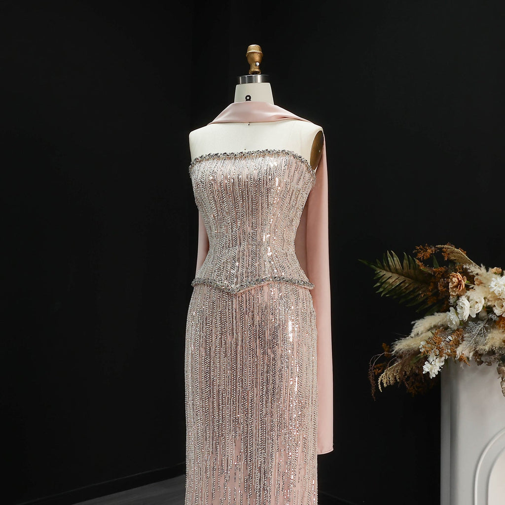 Luxury 2 Pieces Beaded Sequins Evening Dress with Scarf SS661