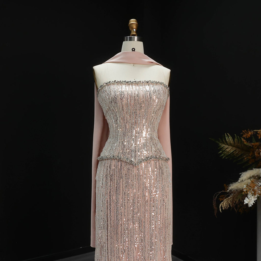Luxury 2 Pieces Beaded Sequins Evening Dress with Scarf SS661
