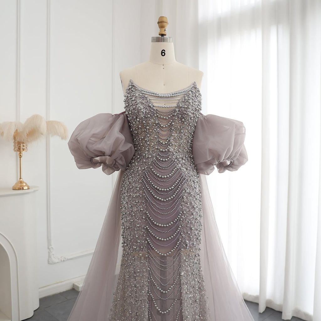 Luxury Silver Beaded Evening Dress with Puff Sleeves/Tulle Train SS289