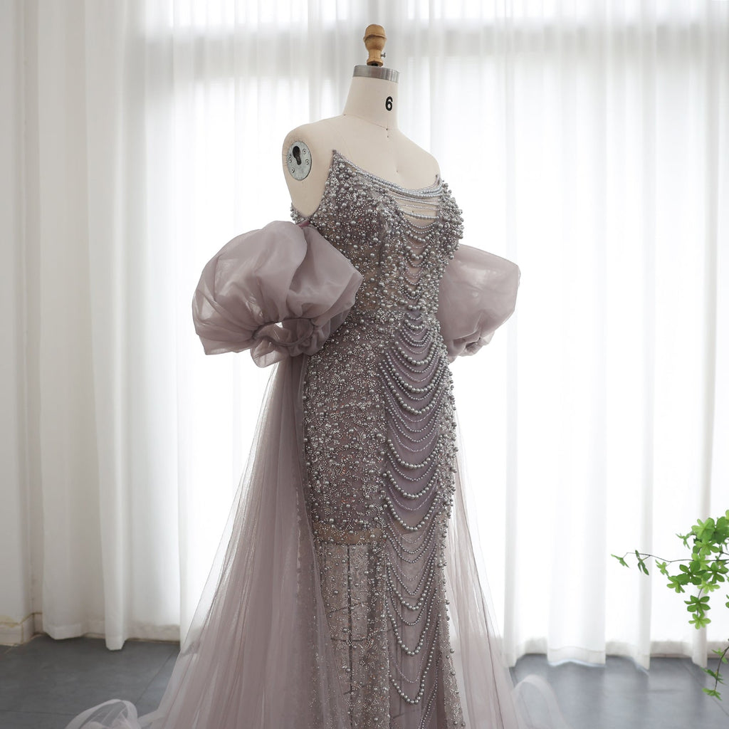 Luxury Silver Beaded Evening Dress with Puff Sleeves/Tulle Train SS289