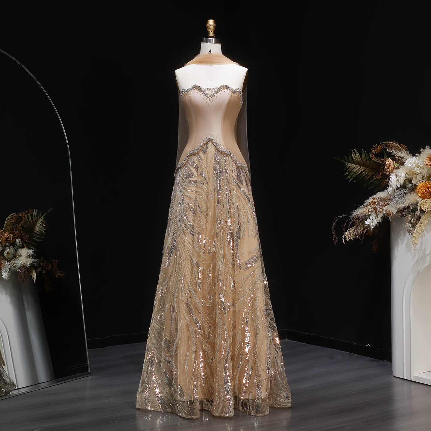 Luxury Champagne Beaded Sequin Evening Dress with Scarf SS132