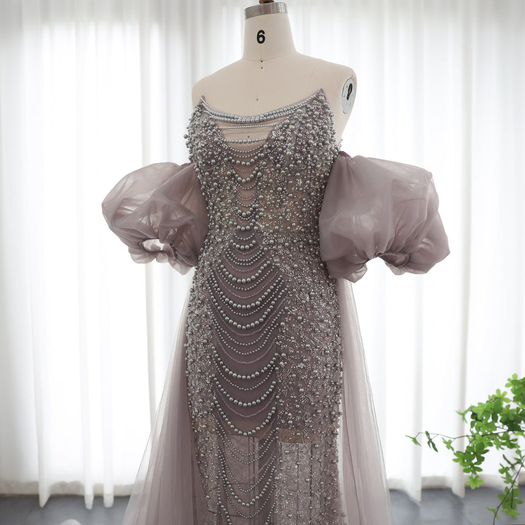 Luxury Silver Beaded Evening Dress with Puff Sleeves/Tulle Train SS289