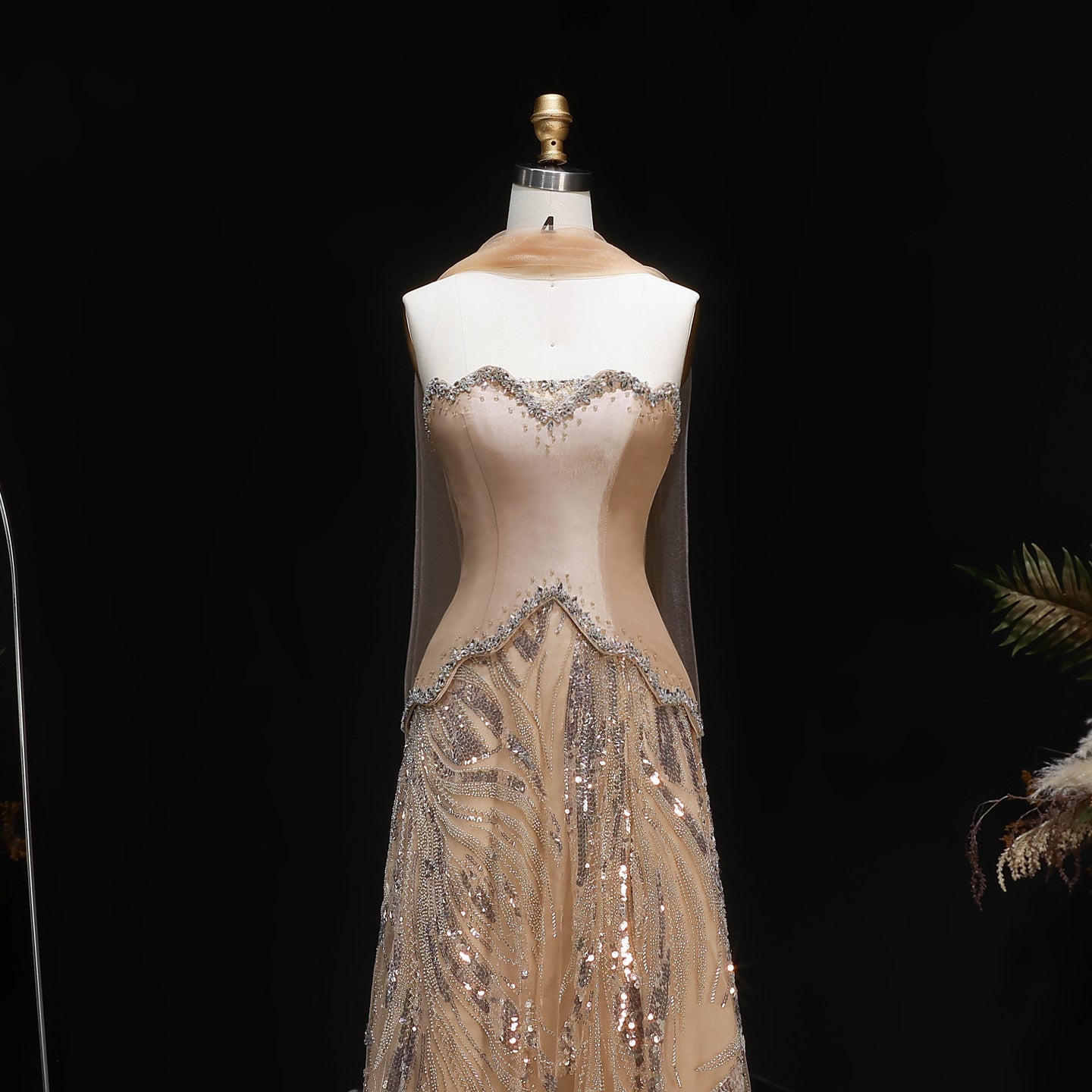 Luxury Champagne Beaded Sequin Evening Dress with Scarf SS132