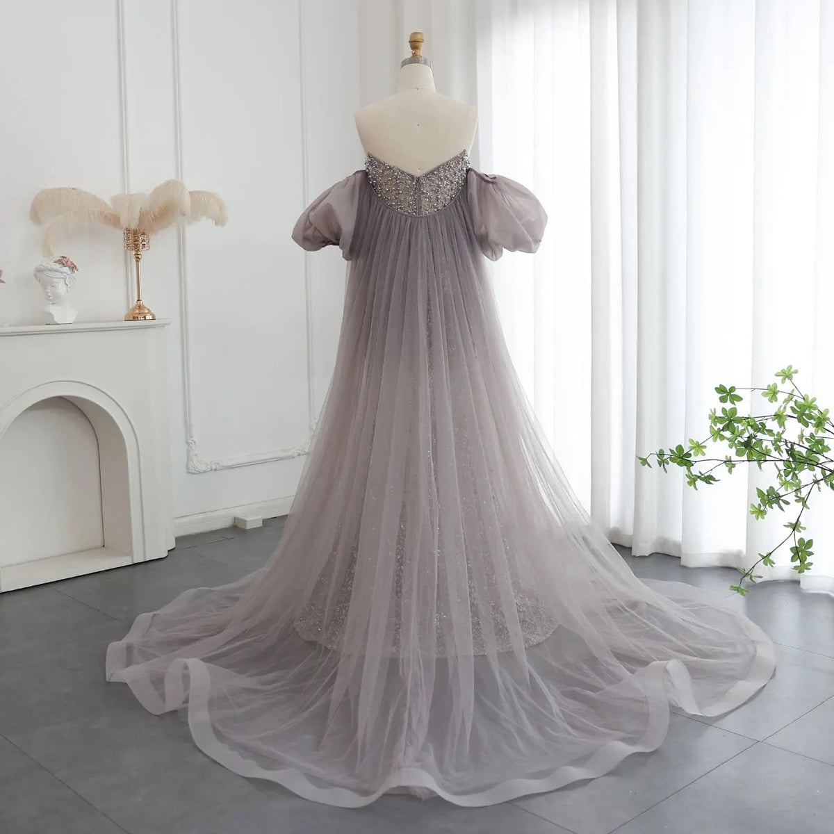 Luxury Pearls Tassel Purple Evening Dress with Cape SS289