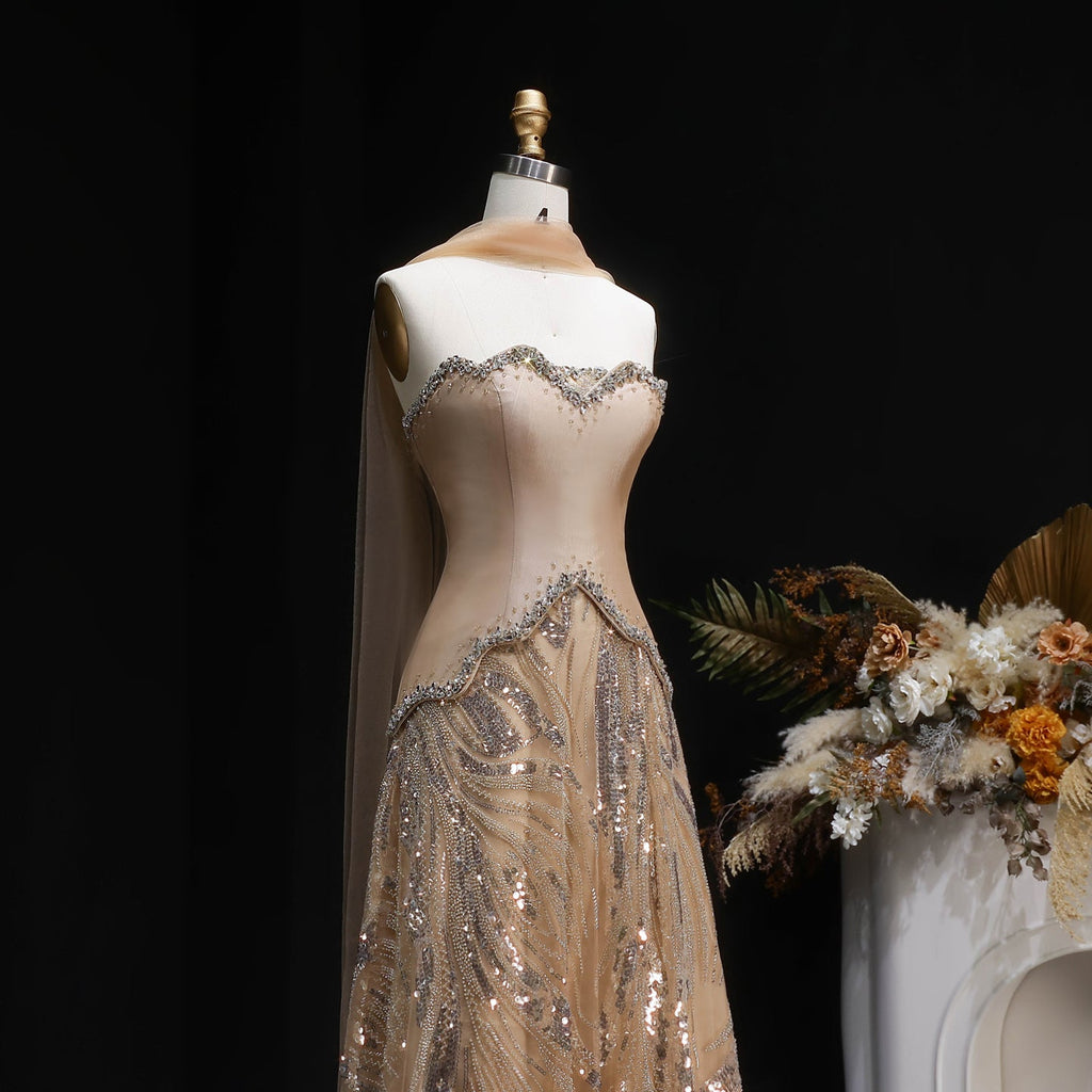 Luxury Champagne Beaded Sequin Evening Dress with Scarf SS132