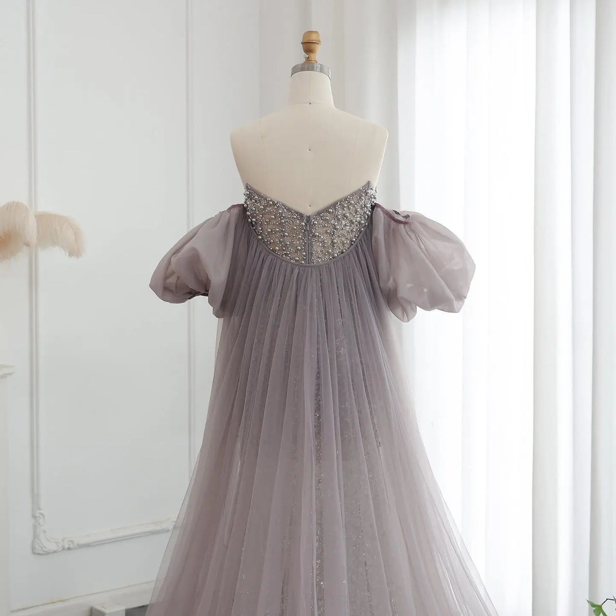 Luxury Pearls Tassel Purple Evening Dress with Cape SS289