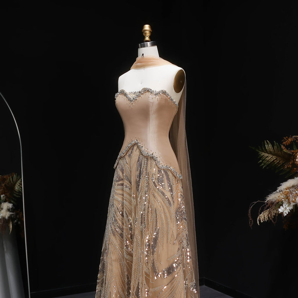Luxury Champagne Beaded Sequin Evening Dress with Scarf SS132